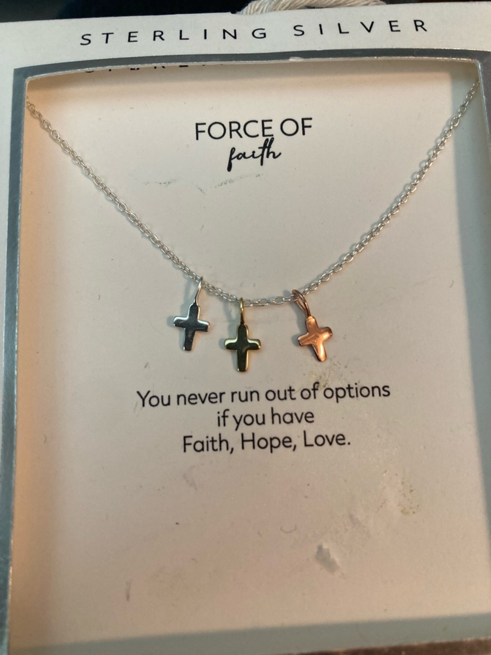 New Tri-color sterling silver cross necklace- Faith, Hope, Love